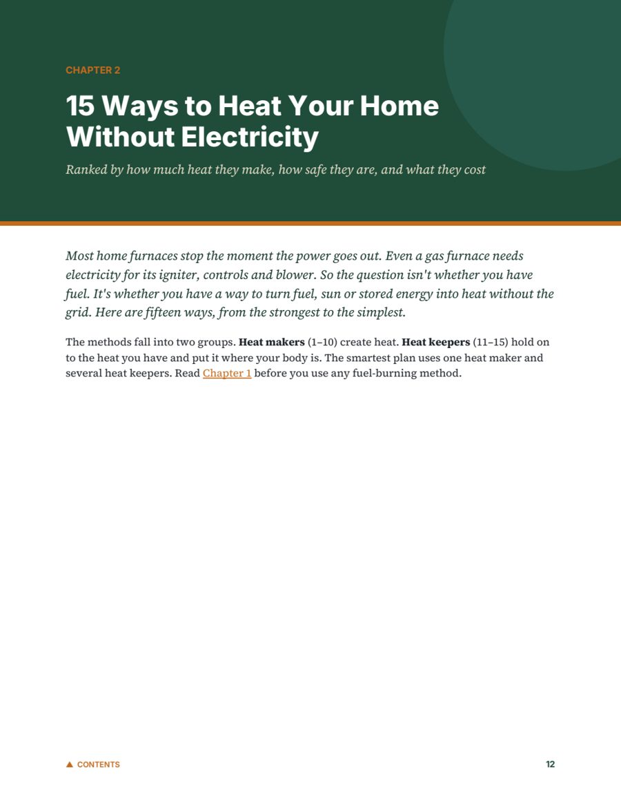 Sample page: 15 ways to heat your home without electricity